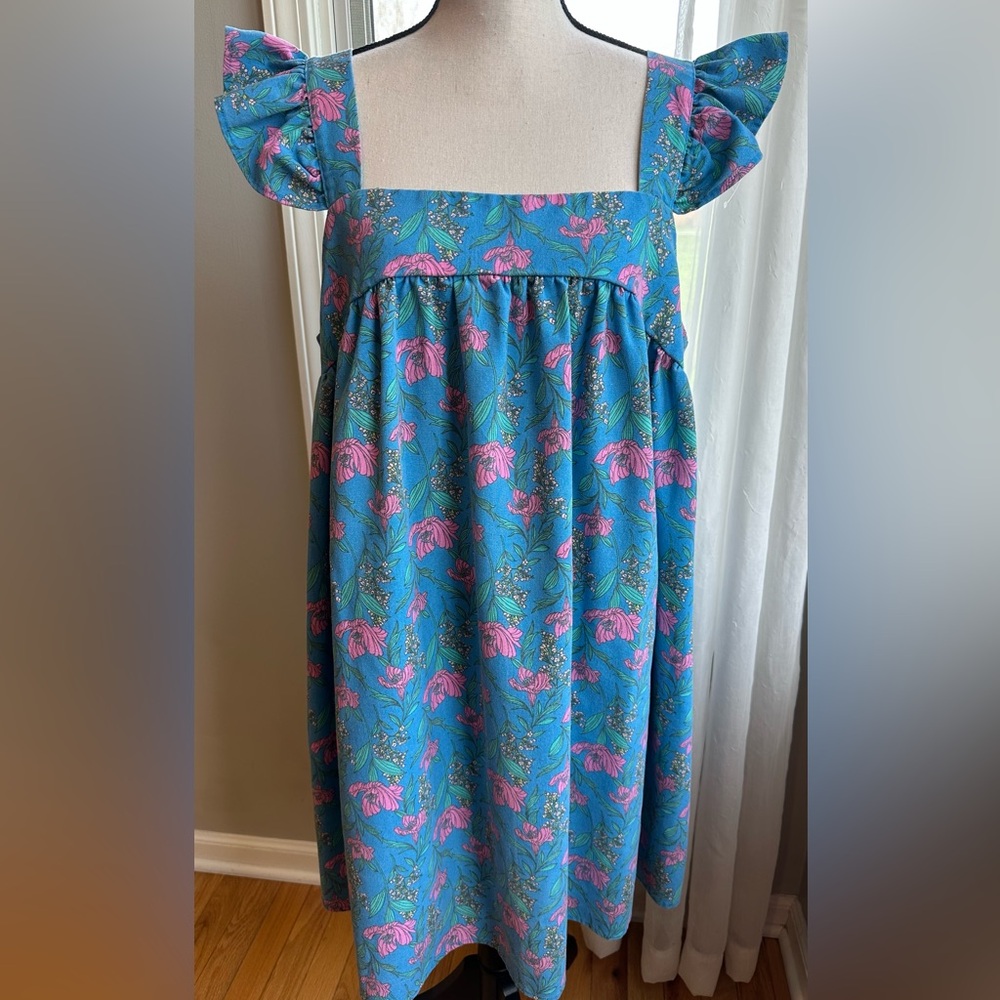 Impressions TURN AWAY FLORAL DRESS blue floral Flutter Sleeves Square Neckline - Picture 4 of 9